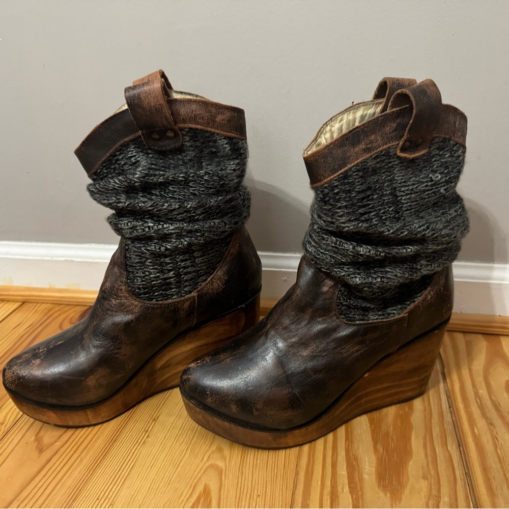 Bed Stu Rustic Brown and Charcoal Wedge Boots